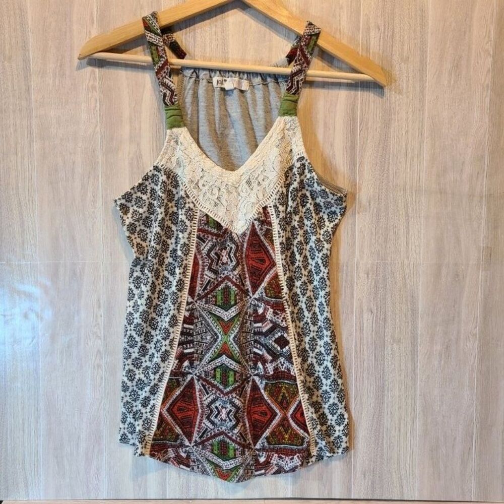 Jolt Tank Top Women Medium Boho Geometric Tribal Printed Crochet Lace Trim Cami